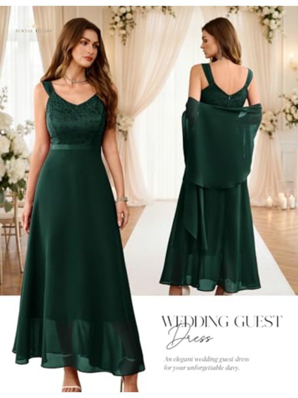 Sequin Lace Formal Evening Wedding Guest Maxi Dress with Chiffon Shawl - Picture 3 of 6